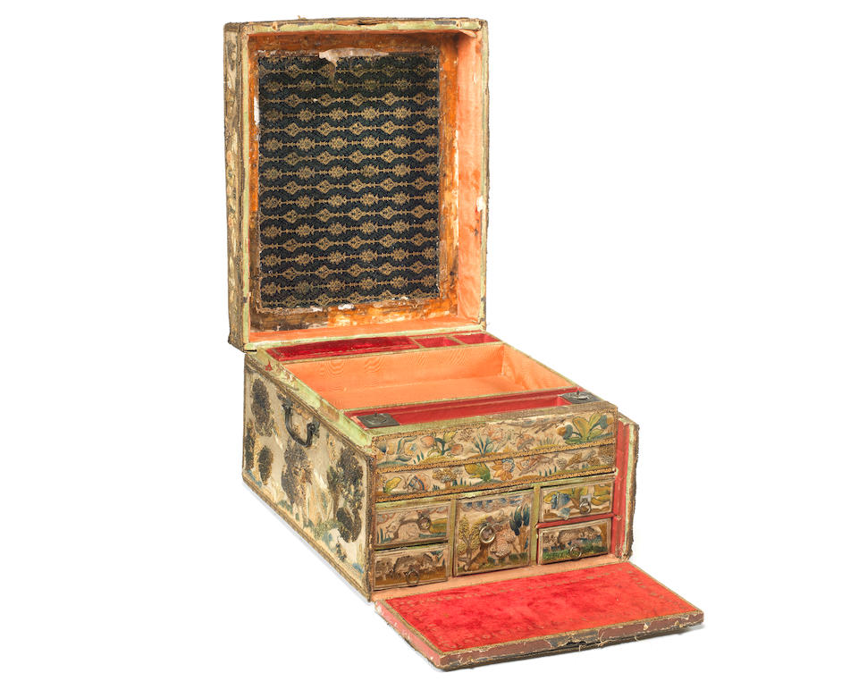 Bonhams : A mid 17th century embroidered box with secret drawers