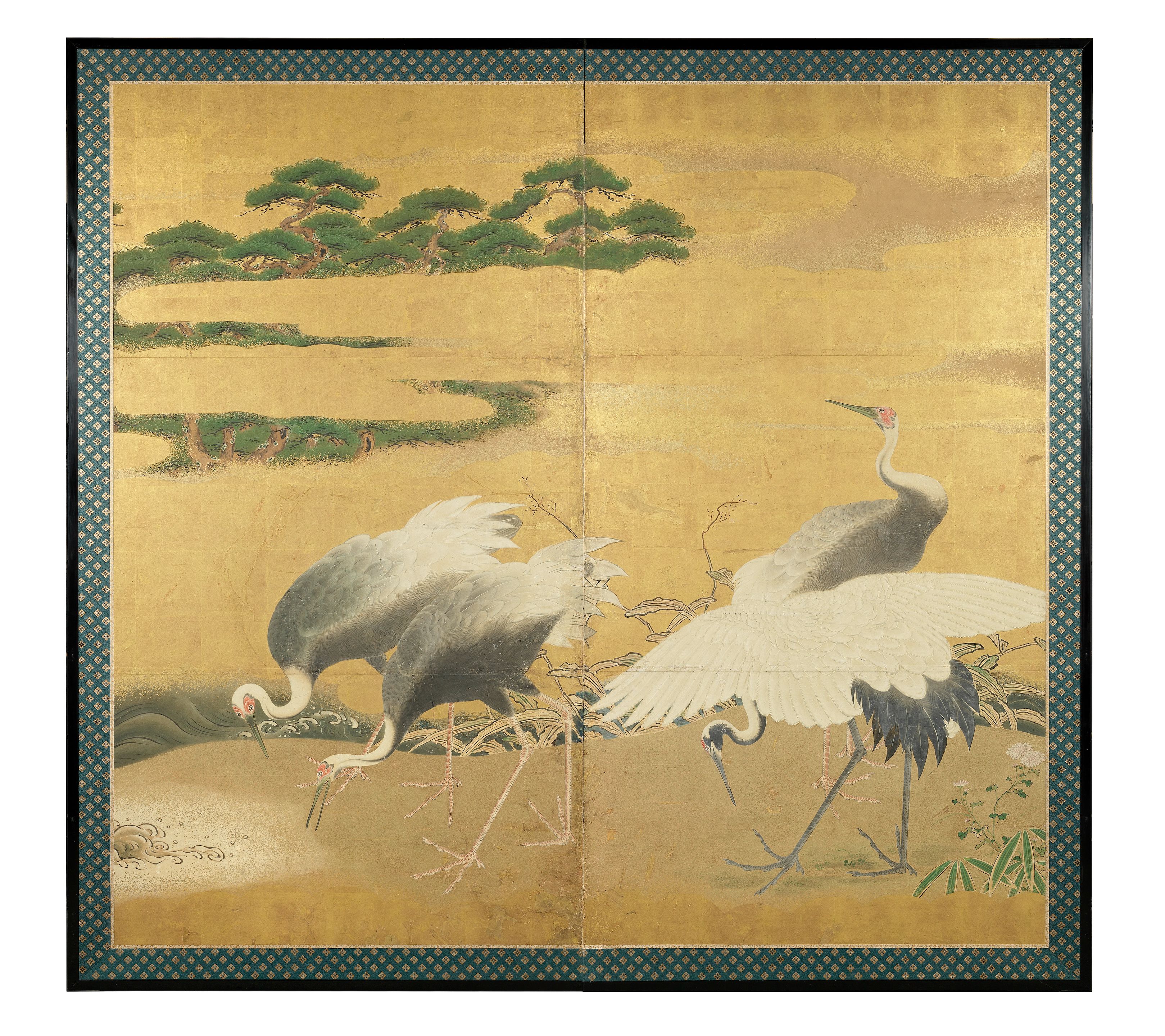 Anonymous (Edo Period) Four Cranes, two panel screen