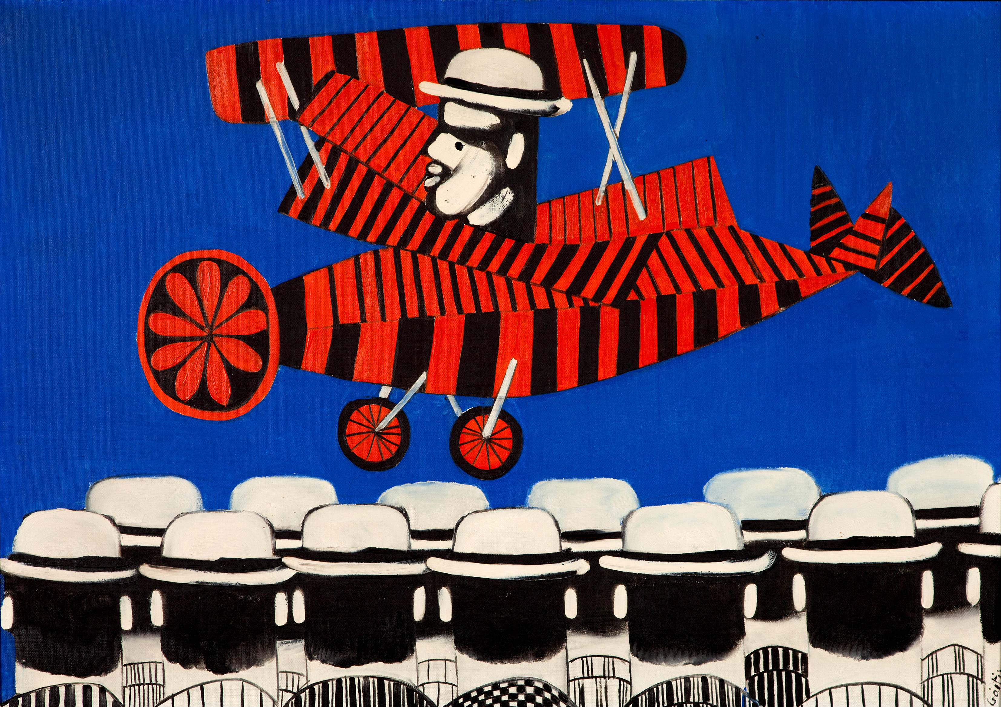 Bonhams : Yannis Gaïtis (Greek, 1923-1984) Aeroplane and crowd 70 x 100 cm. 