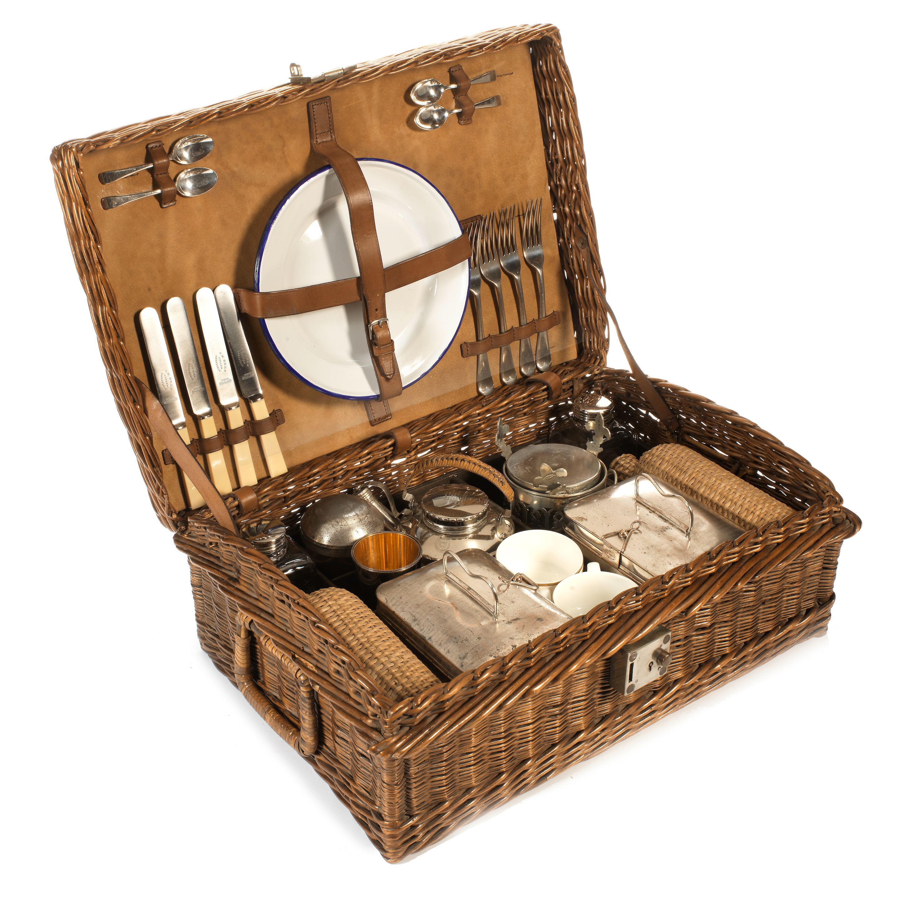 Bonhams Cars An Edwardian wicker cased 'En Route' picnic set for four