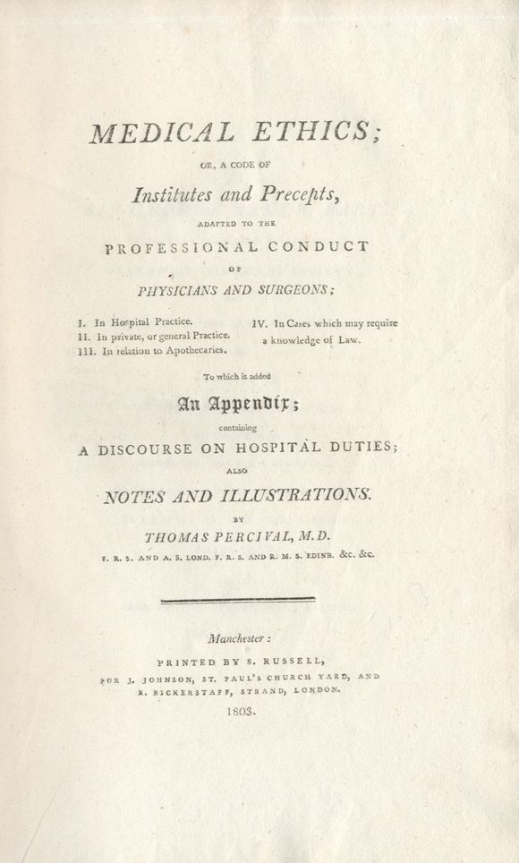Bonhams PERCIVAL (THOMAS) Medical Ethics; or, a Code of Institutes