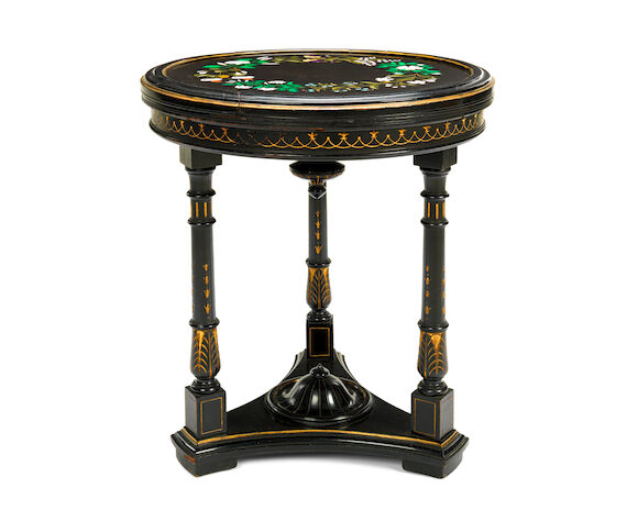 Bonhams : A mid Victorian pietra dura, ebonised and parcel gilt low table