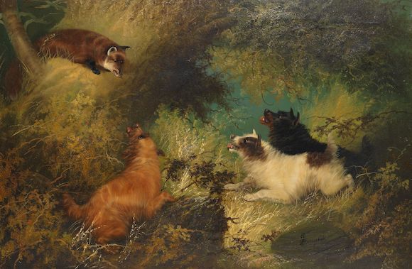 Tableau Huile Sur Toile Originale Edward Armfield "A Sharp Lookout" 3 Chiens Terriers - Cadre Vintage 51x61 Cm