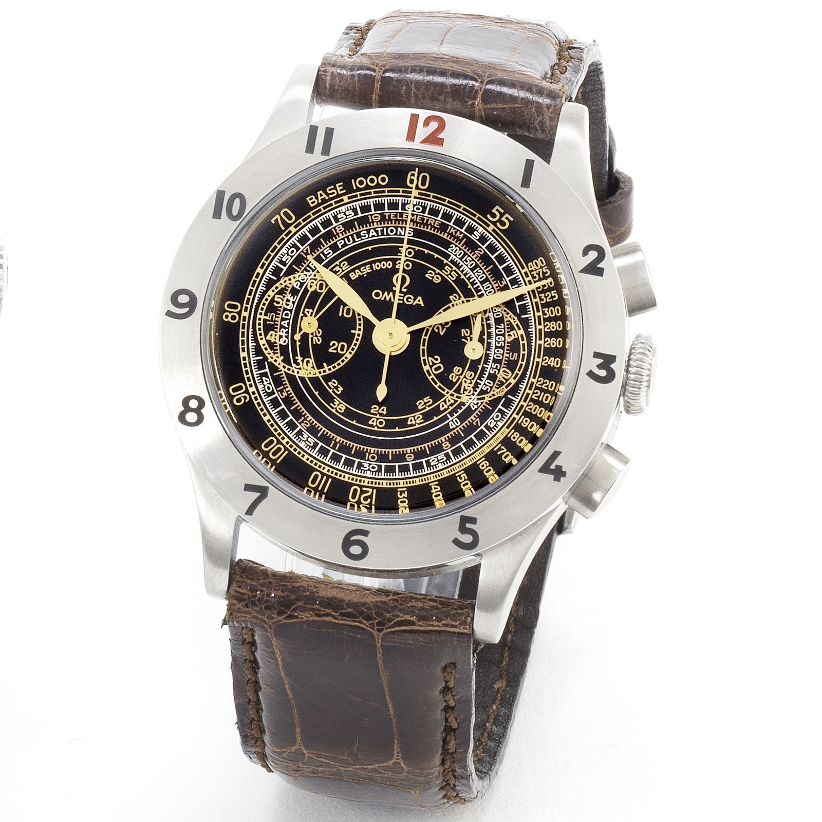 Omega Omega. A stainless steel manual wind chronograph wristwatch Museum Collection Officer's Watch 1945, Ref:57025002, No.0587/1945, Case No.145.2002, Sold 15th March 2003 · 57025002