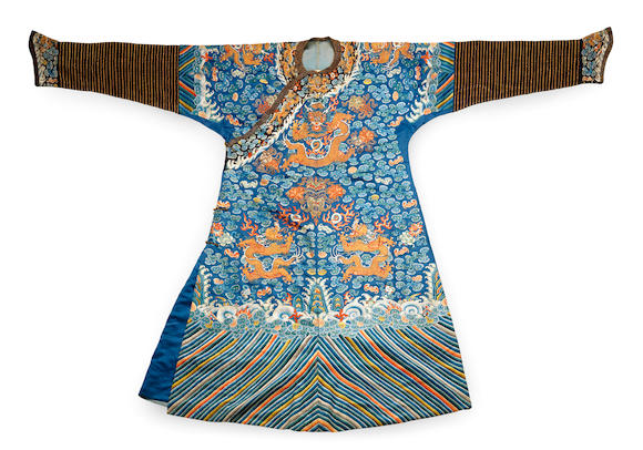 Bonhams : An embroidered blue-ground silk 'dragon' robe and collar 19th ...