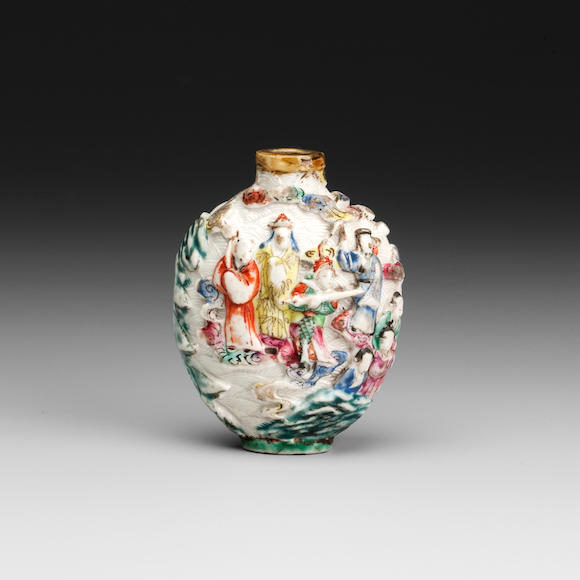 Bonhams : A relief moulded porcelain snuff bottle Jiaqing seal mark in ...