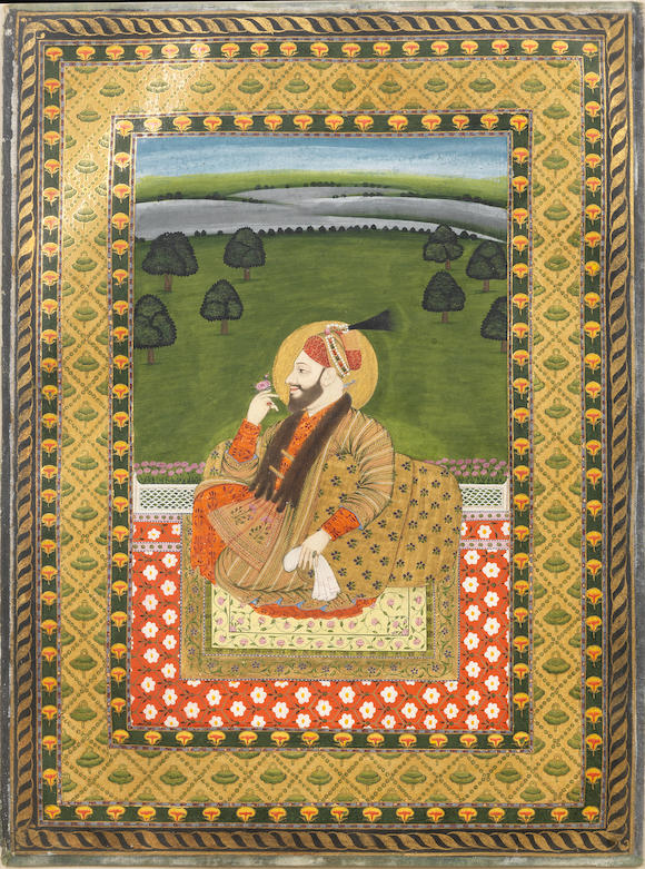 Bonhams Sultan Ali Adil Shah Ii Or Sultan Abul Hasan Seated Holding A Flower On A Palace