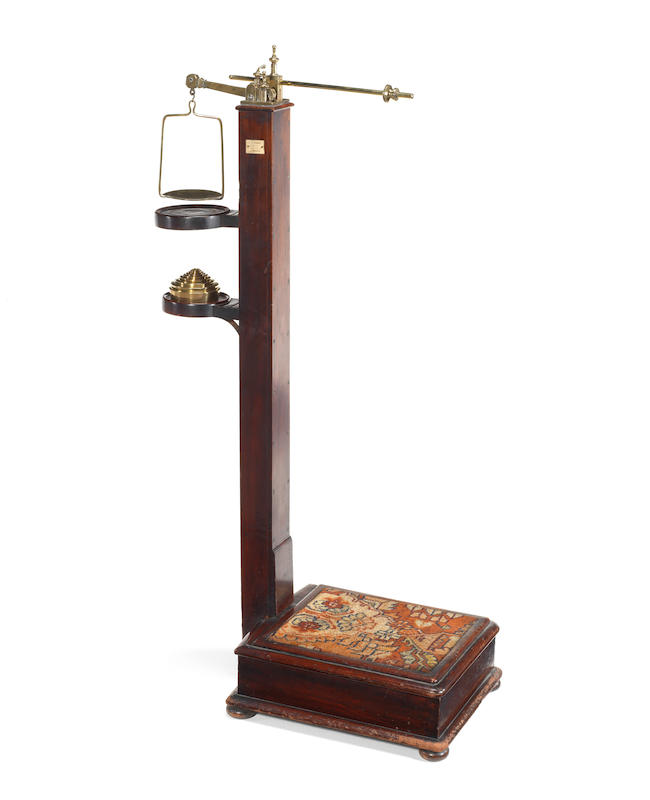 A set of E G Wood weighing scales and height measure, English, late 19th century,