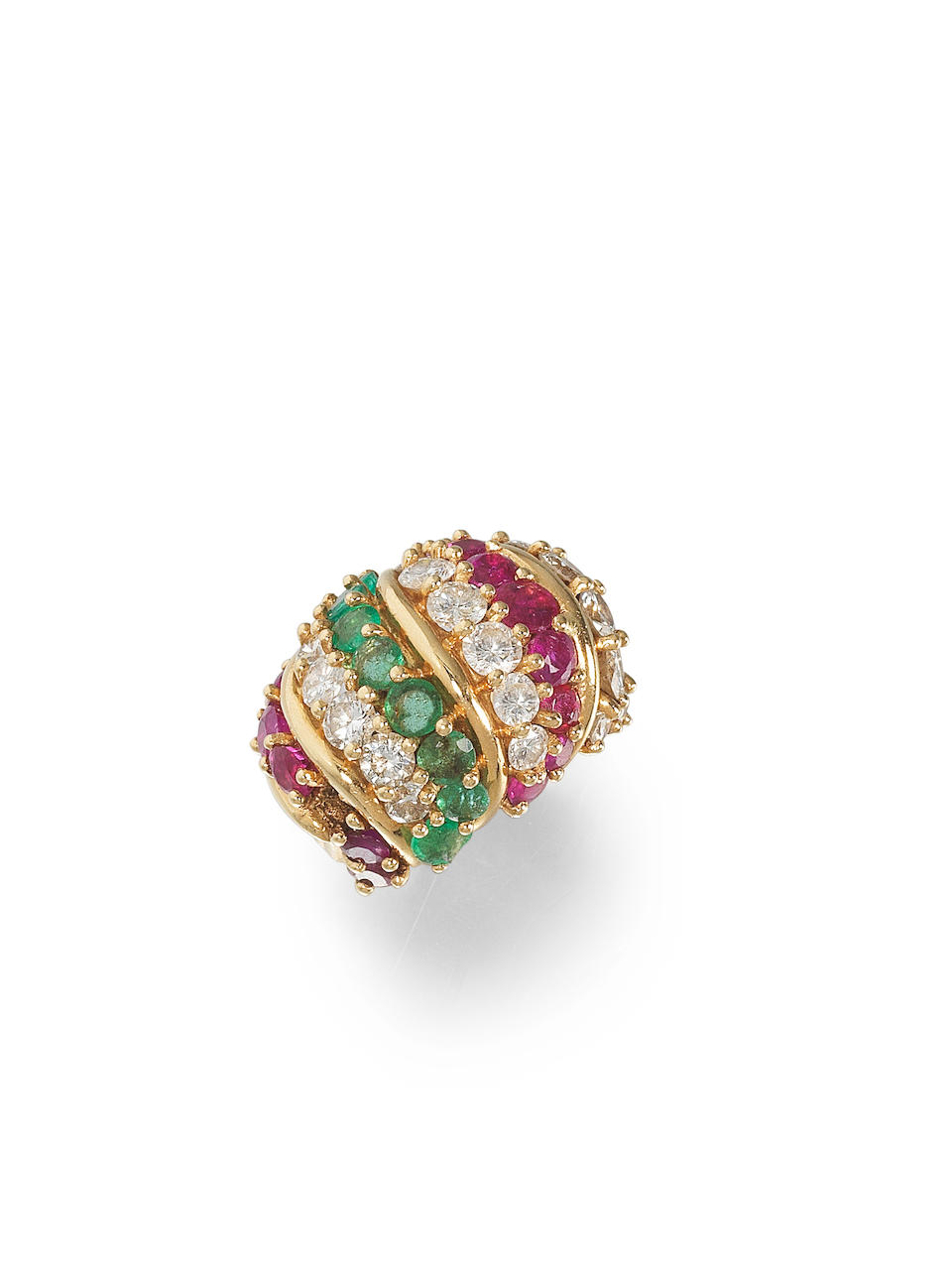 Bonhams : A ruby, emerald and diamond brooch, ring and earclip suite ...