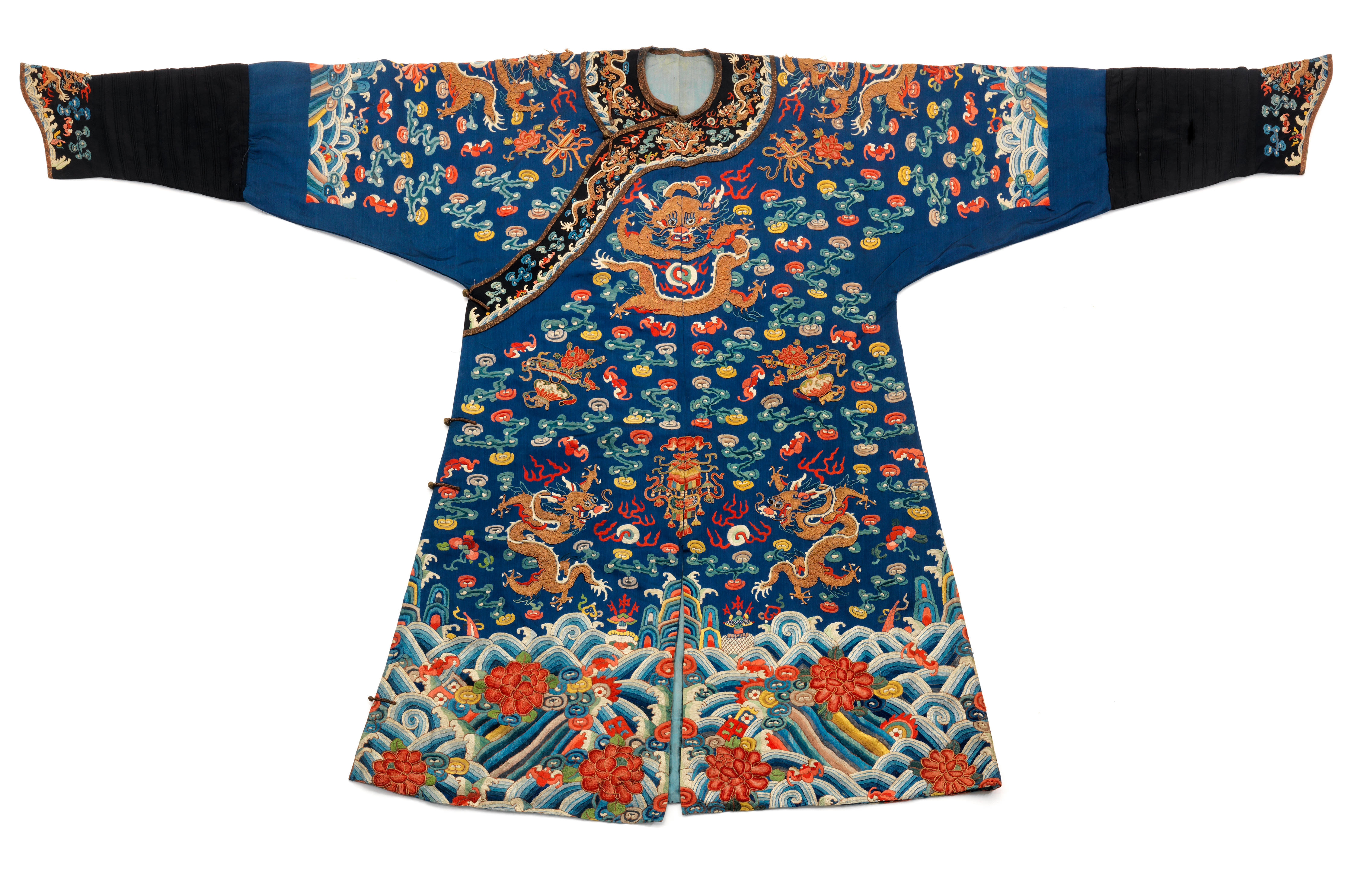 Bonhams : A blue-ground silk embroidered 'dragon' robe, jifu 19th century