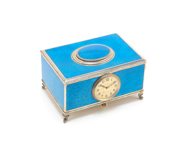 A silver and blue guilloche enamel singing bird box with timepiece, German, circa 1930,