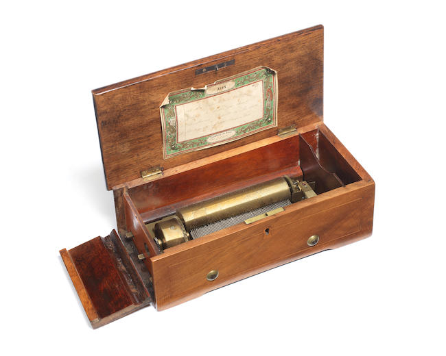 A Small key wound cylinder music box Swiss, circa 1860,