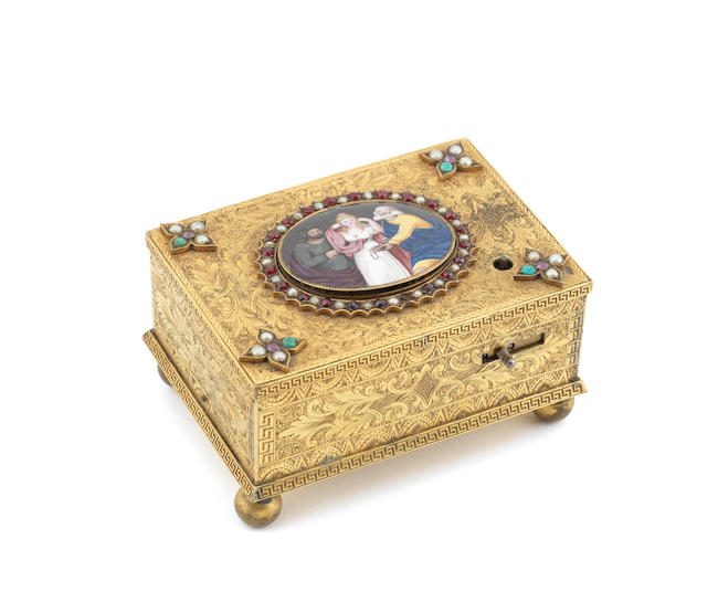 A Rochet Freres gilt-brass and enamel singing bird box, Swiss, Circa 1820