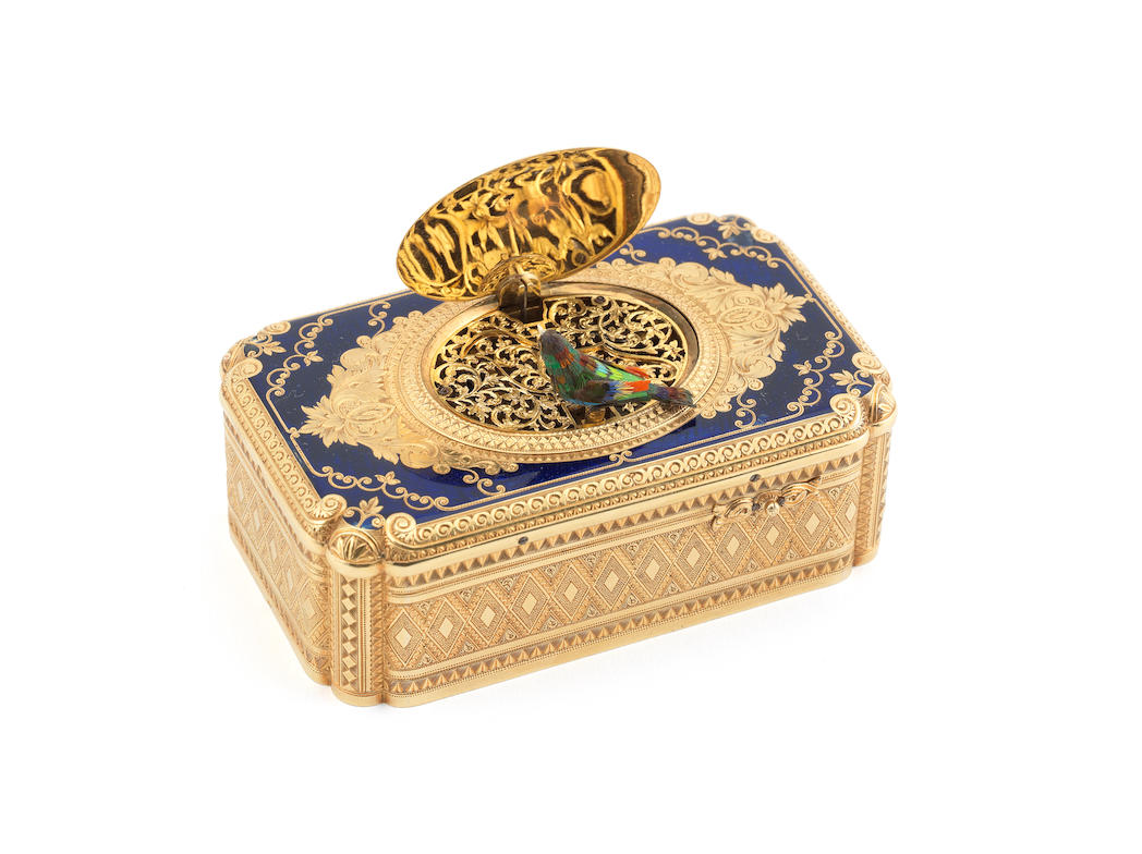 A rare gold, enamel and diamond encrusted singing bird box, Swiss, circa 1825,