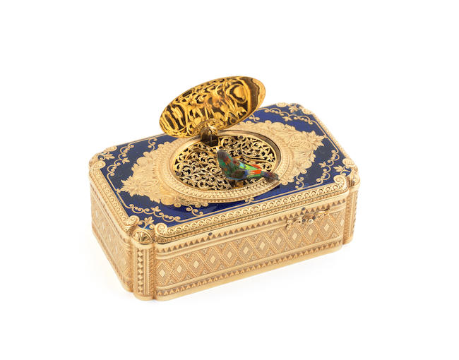 A rare gold, enamel and diamond encrusted singing bird box, Swiss, circa 1825,