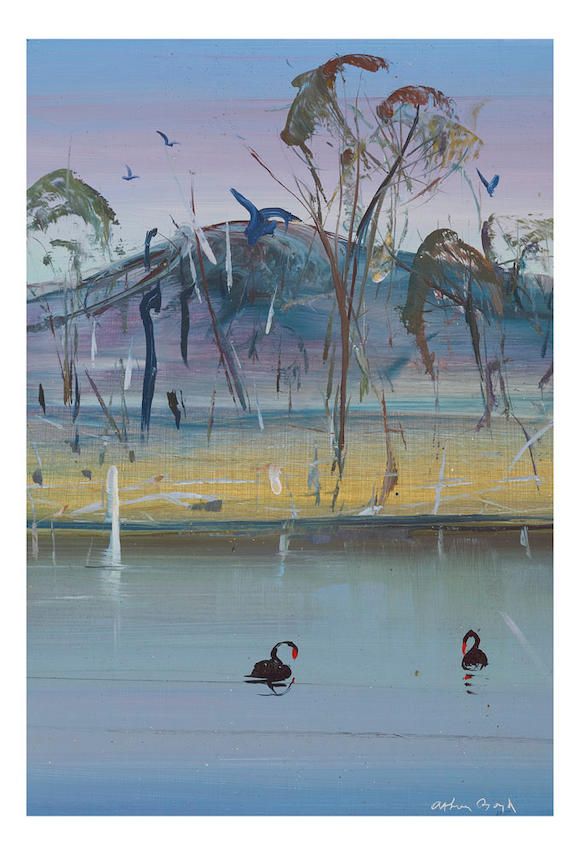 Bonhams : Arthur Boyd (1920-1999) Shoalhaven River with Swans, c.1980