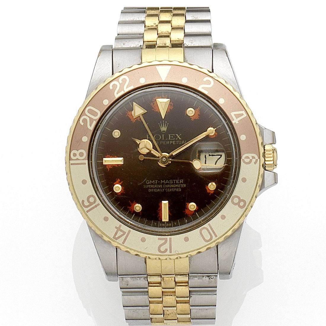 Rolex Rolex. A stainless steel and gold automatic calendar bracelet watch with dual time zone GMT-Master, Ref:16753, Serial No.840****, Movement No.106****, Circa 1985 · 16753