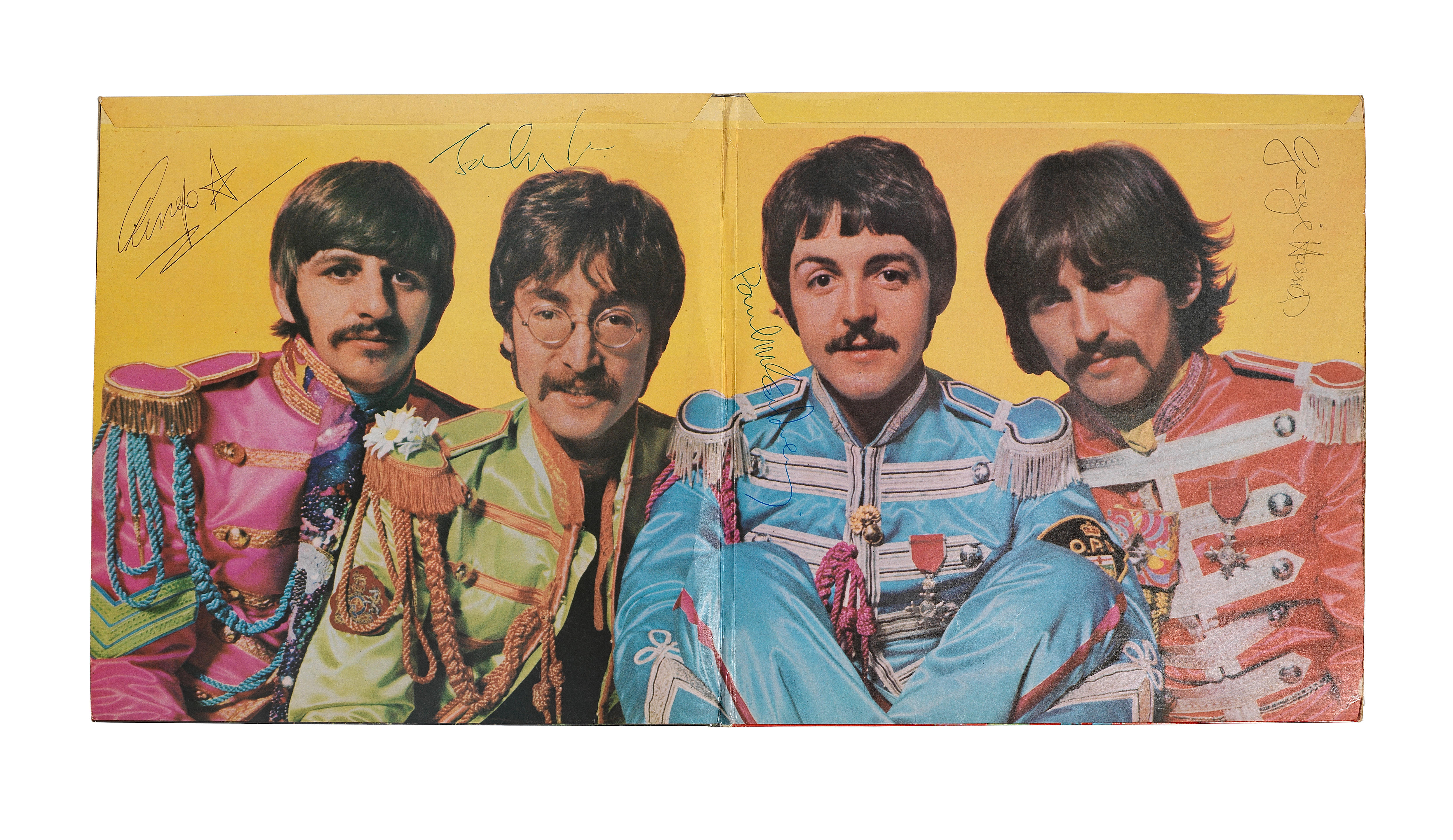 Bonhams : The Beatles a rare autographed 'Sgt. Pepper's Lonely Hearts Club  Band' album, signed on the gatefold sleeve by John Lennon, Paul McCartney  George Harrison and Ringo Starr later, 1967, Parlophone PMC 7027,