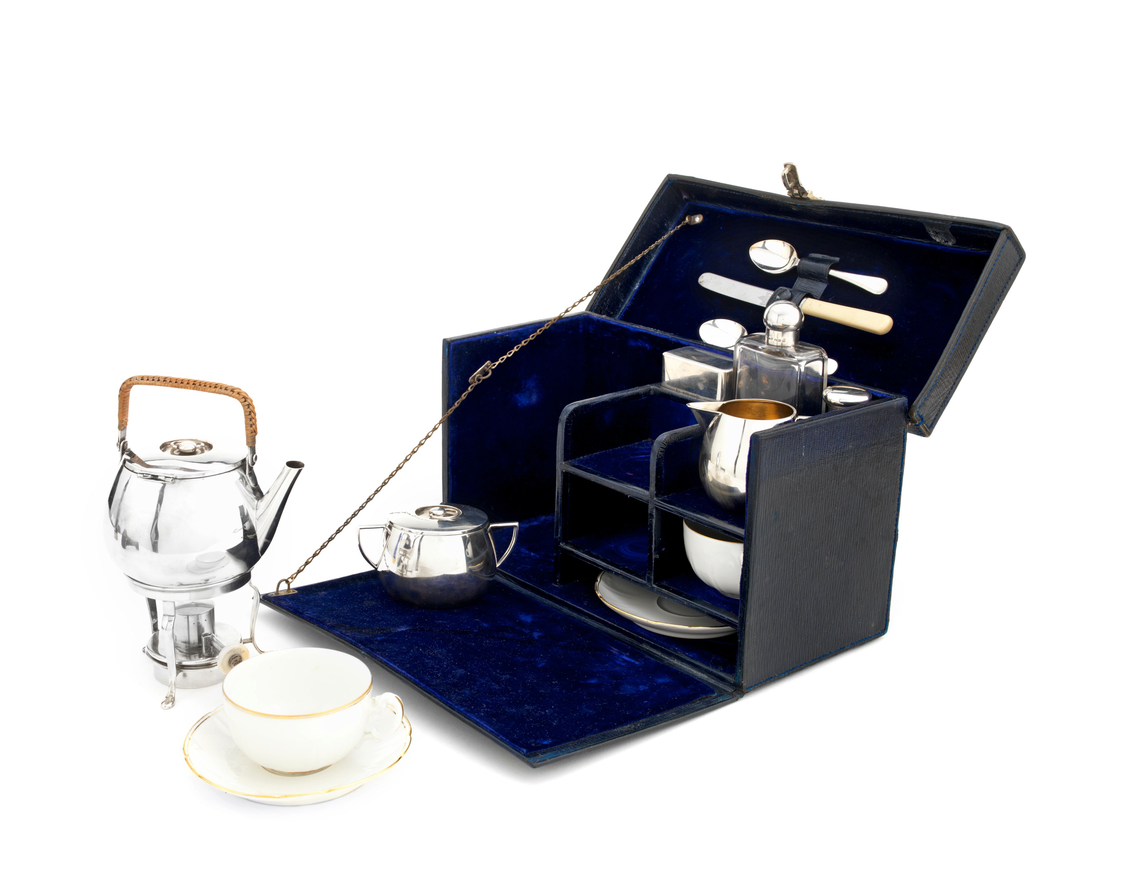 Bonhams Cars A fine leathercased twoperson teaset with silver