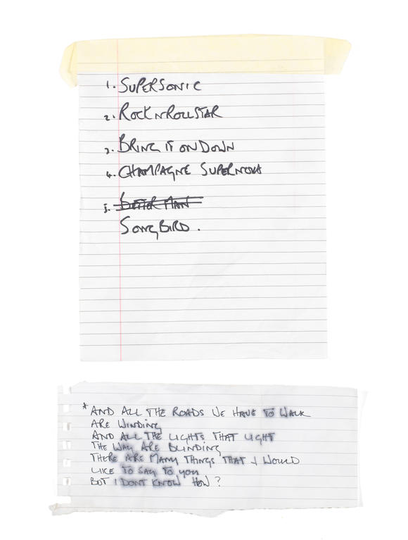 Bonhams : Oasis A setlist, part-lyric and signed album and poster,