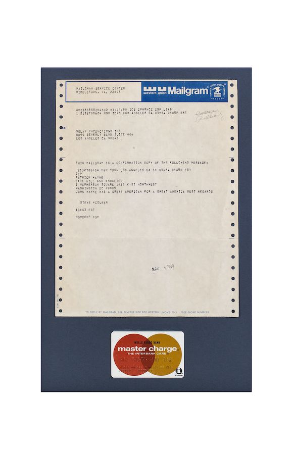 Bonhams Steve McQueen a Wells Fargo Master Charge credit card,