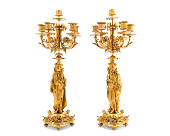 Bonhams : A pair of late 19th century French gilt bronze figural five ...