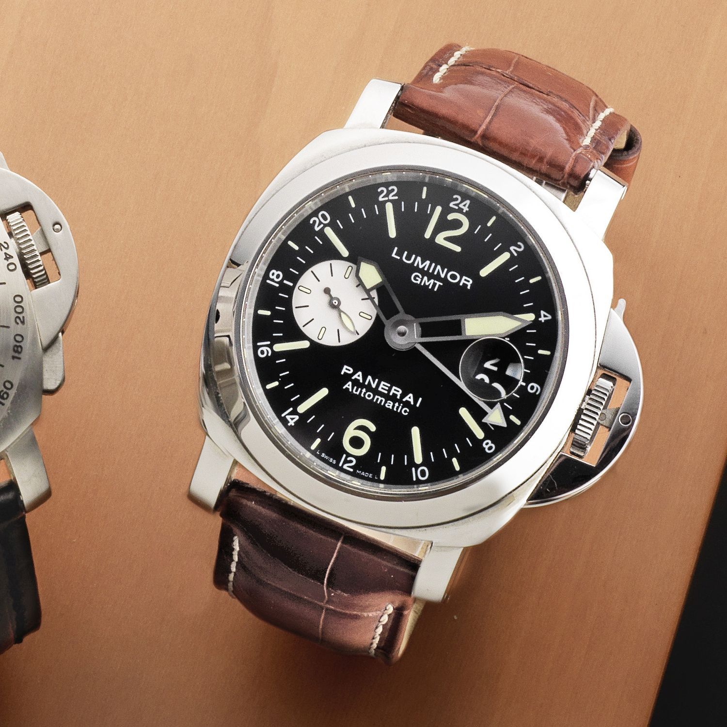 Panerai Panerai. A stainless steel cushion form automatic calendar wristwatch with dual time zone Luminor GMT, No.K1310/4500, PAM0008, OP6761, BB1291582, Movement No.527257, Sold 16th June 2008