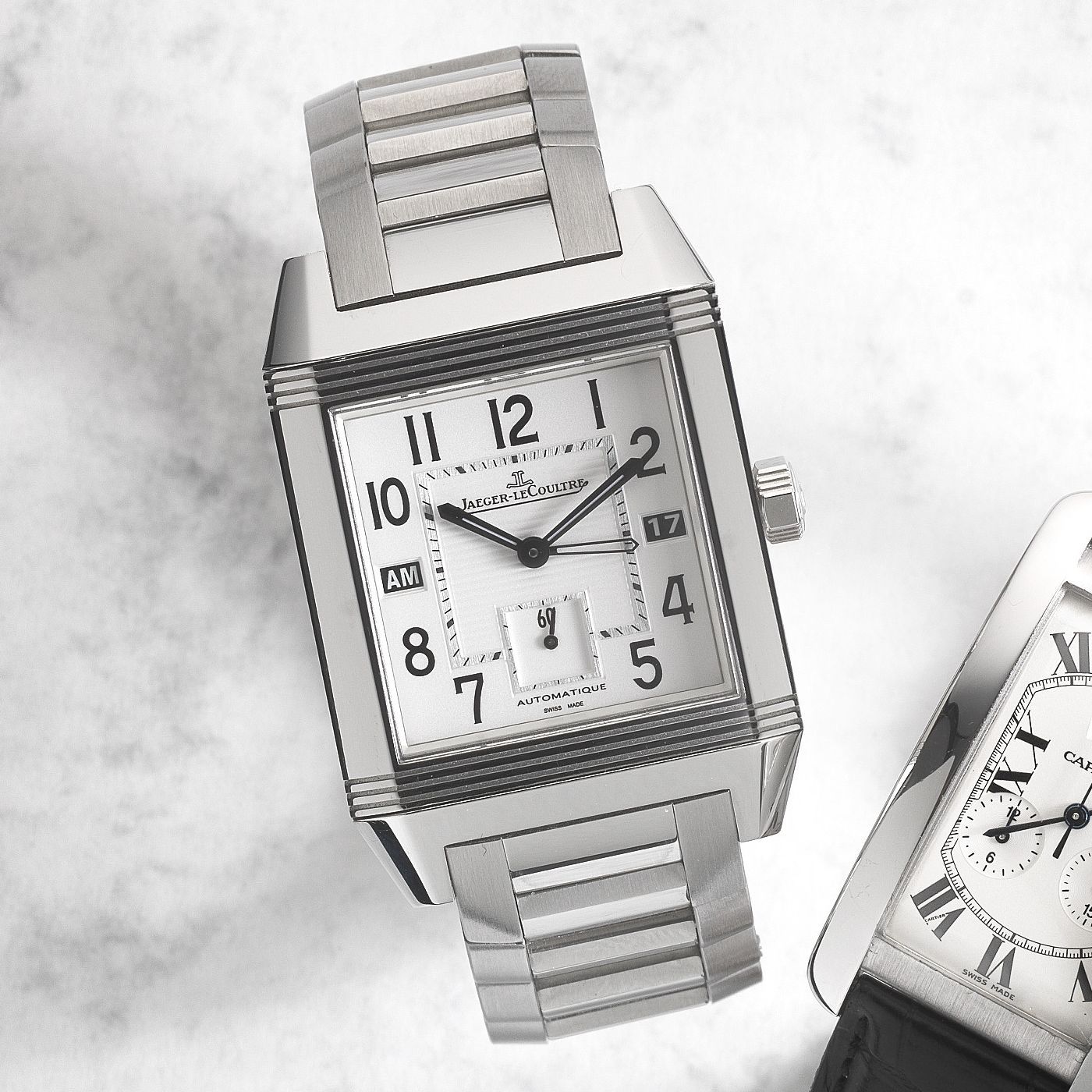 Jaeger-LeCoultre Jaeger-LeCoultre. A stainless steel square automatic calendar reversible bracelet watch with dual time zone Reverso Squadro, Ref:230.8.77, Case No.2485002, Circa 2010 · 230.8.77