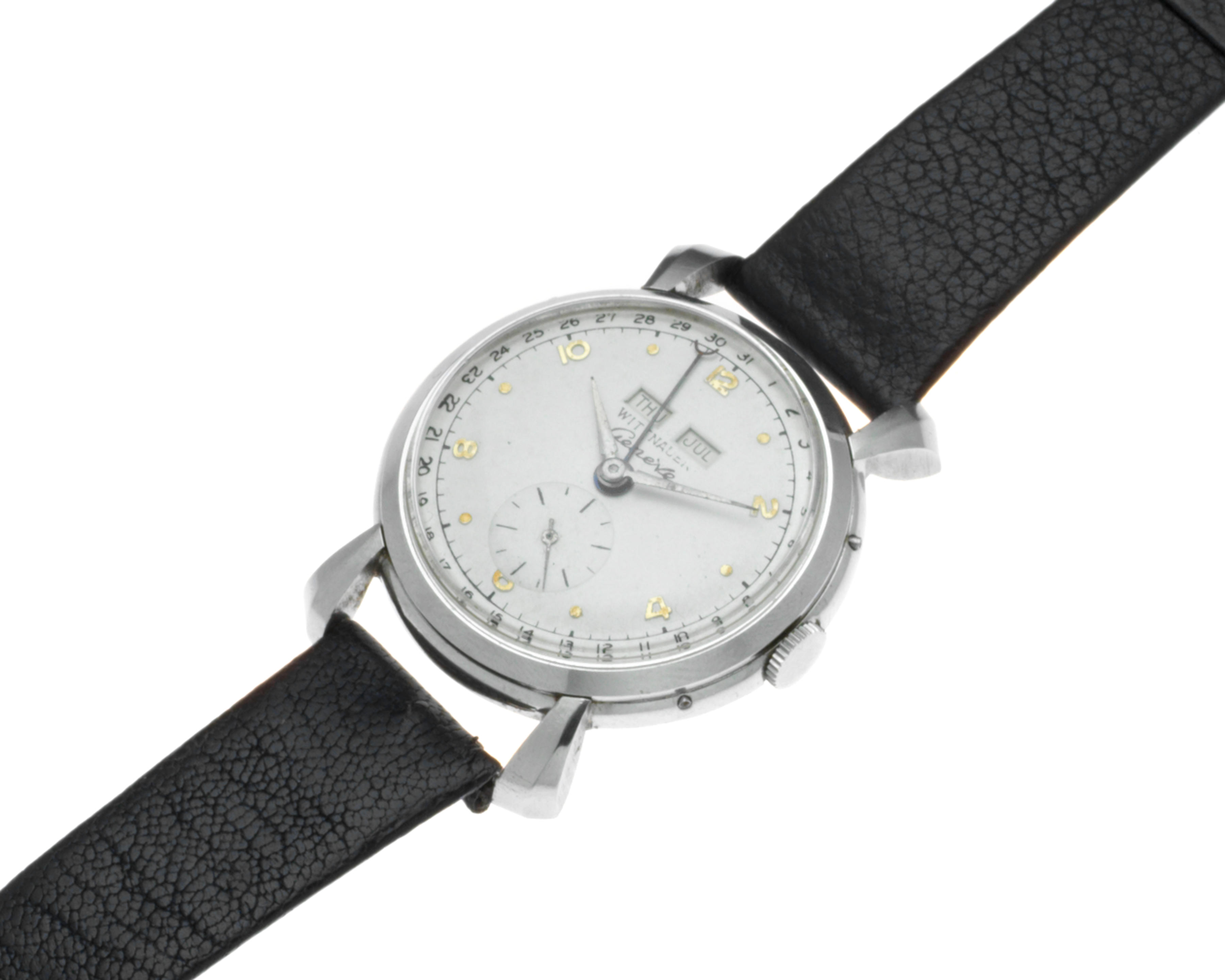 Bonhams Wittnauer. A stainless steel manual wind triple calendar
