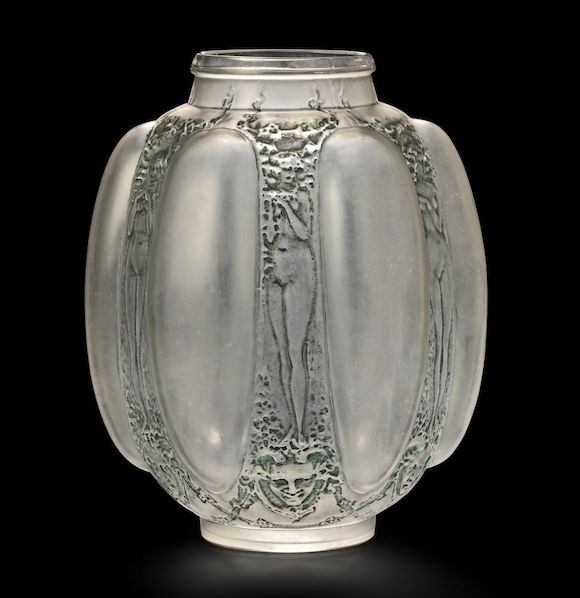 Bonhams A René Lalique frosted and stained 'Six Figurines et Masques' vase MOULDED 'R.LALIQUE