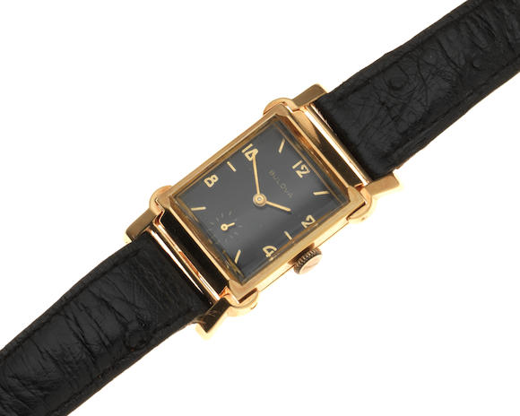 Bonhams : Bulova. A gold plated manual wind rectangular wristwatch ...