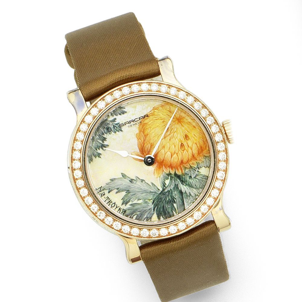 Sarcar. A mid size 18K rose gold and diamond set manual wind wristwatch with hand painted dial Chrysanthemum, Ref:M75002R, No.137, Sold 4th November 2010