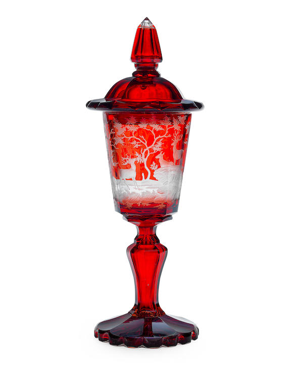 Bonhams : A Bohemian ruby stained goblet and cover, circa 1840-60