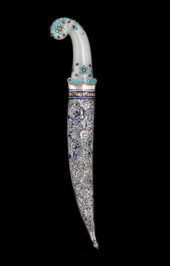 Bonhams : A Bukhara enamelled silver dagger with Mughal jade hilt ...