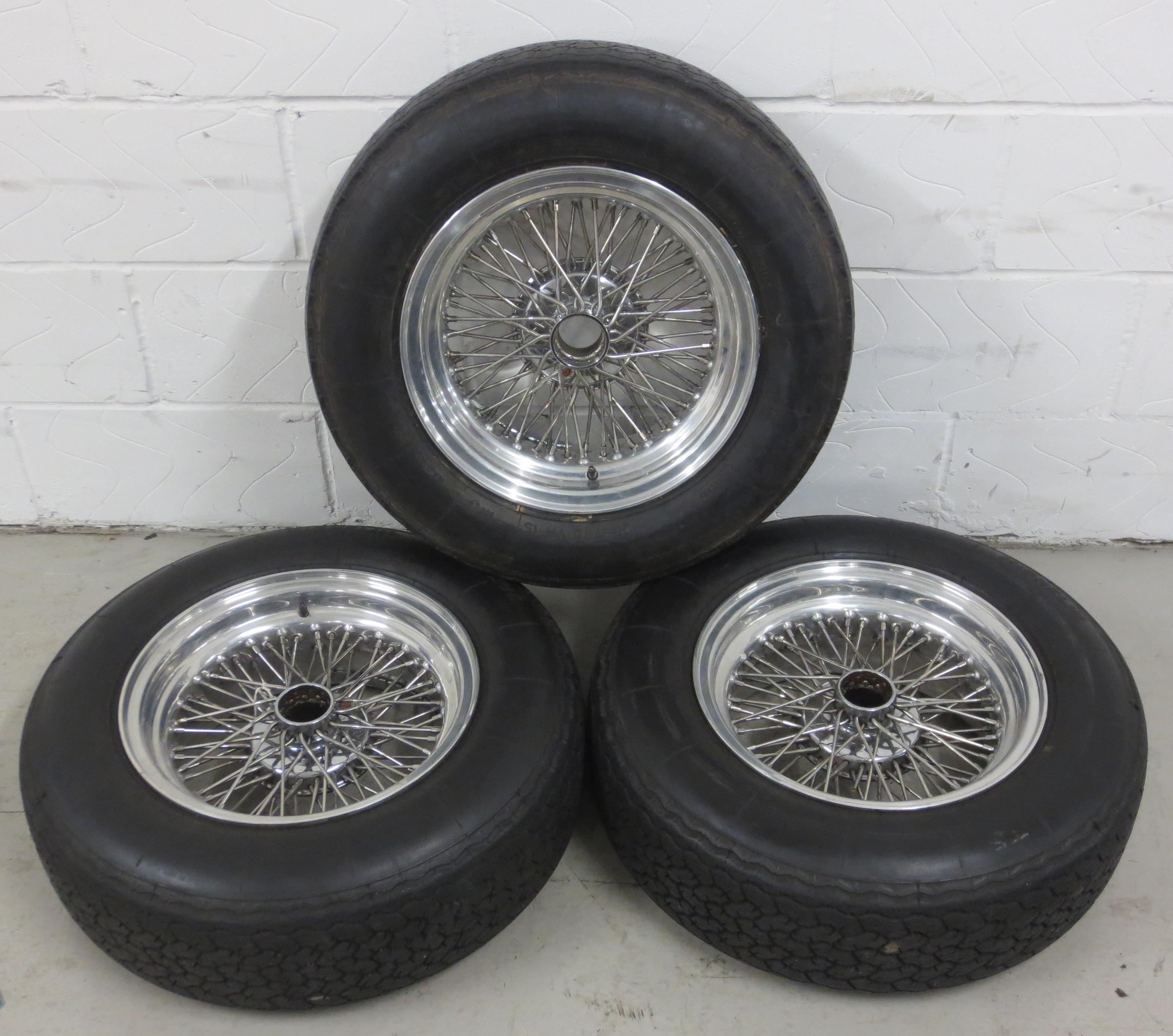 Bonhams Cars : Three Borrani wire spoked wheels with tyres, ((3))