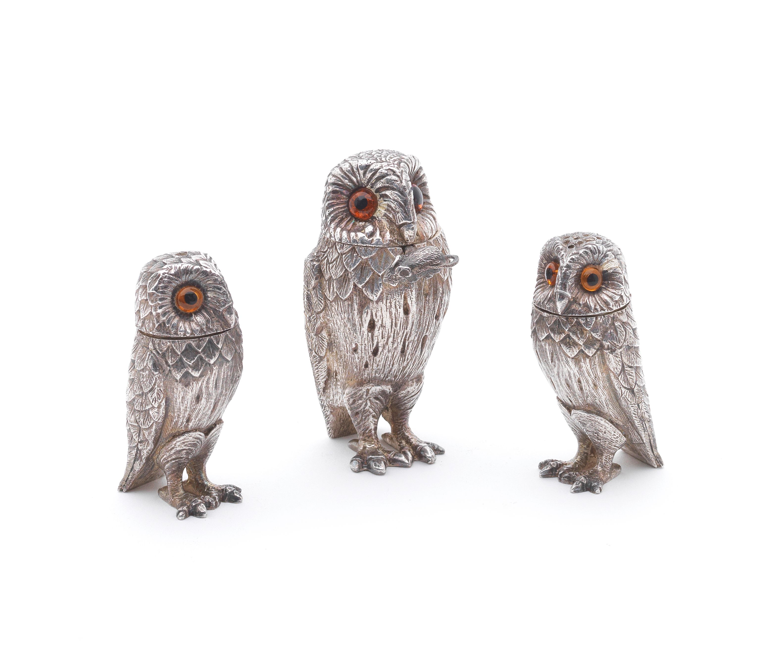 Bonhams A novelty silver owl cruet set by Richard Comyns, London 1966