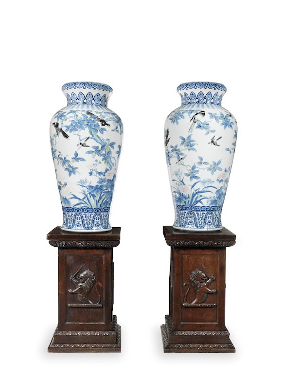 Bonhams A pair of large decorative Japanese porcelain hall vases on