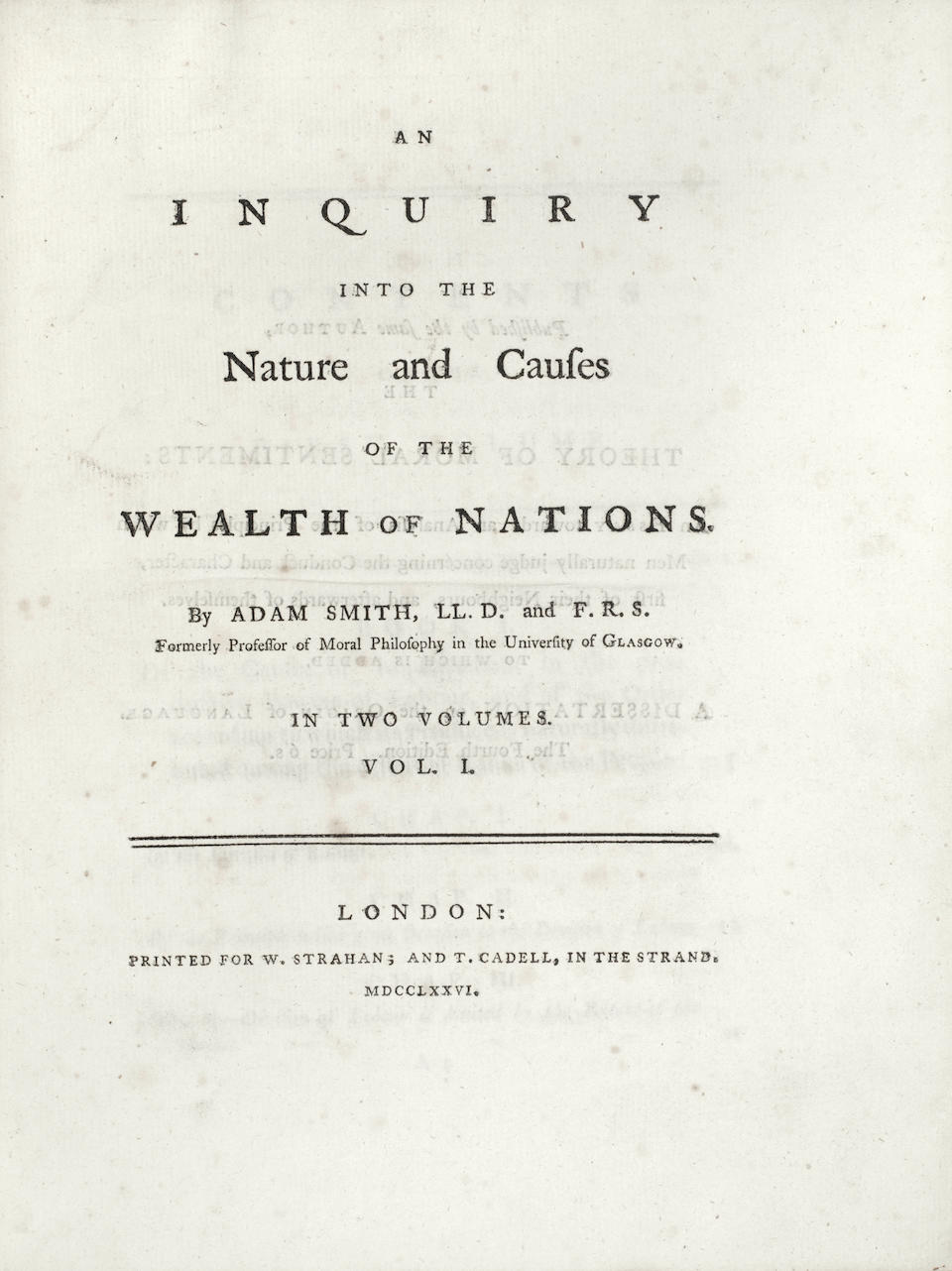 Bonhams : SMITH (ADAM) An Inquiry into the Nature and of the Wealth of Nations, vol., FIRST EDITION, W. Strahan, and T. Cadell,