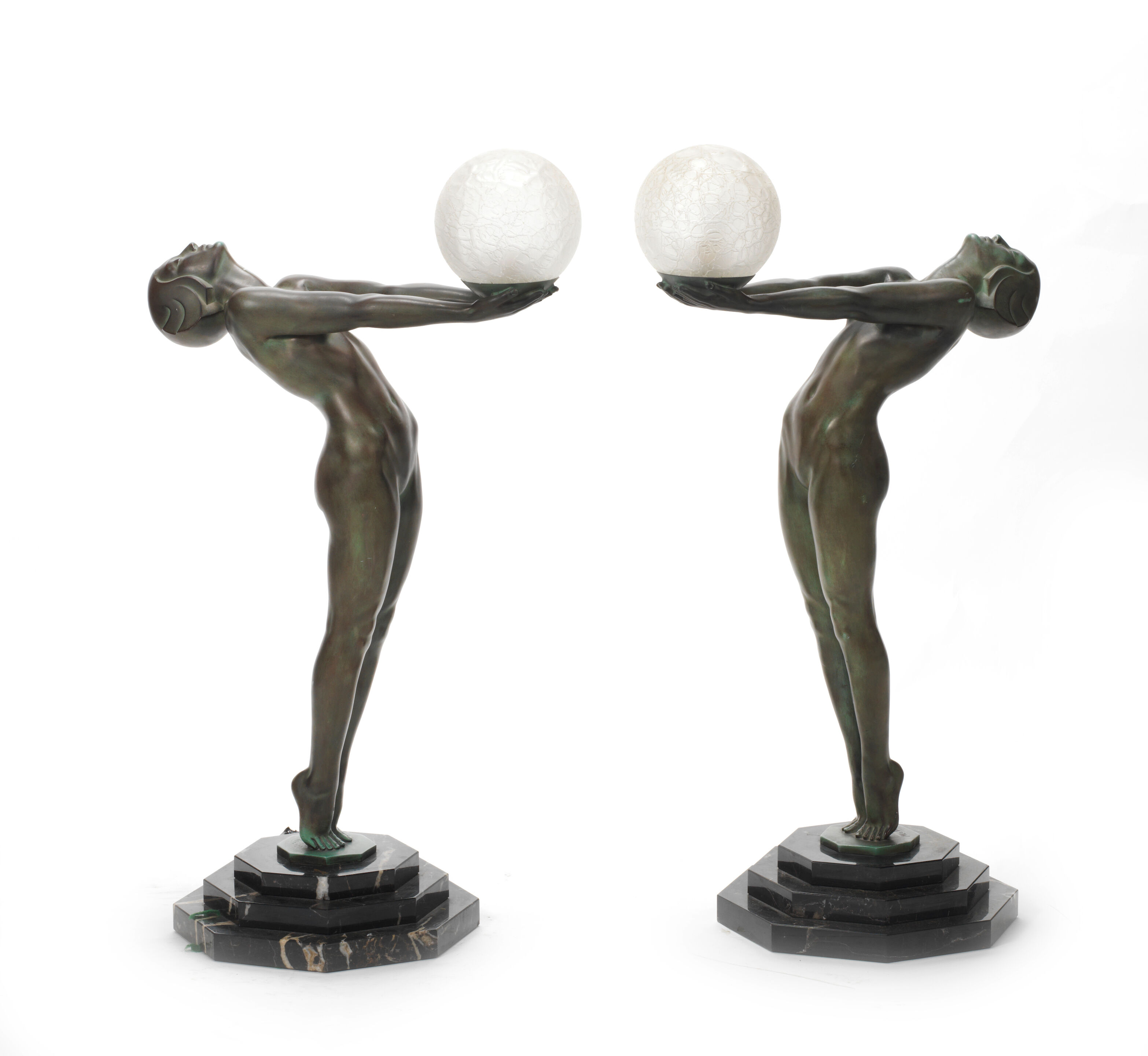 A Pair of Art Deco Figural 'Clarté' Lamps by Max Le Verrier (Fre