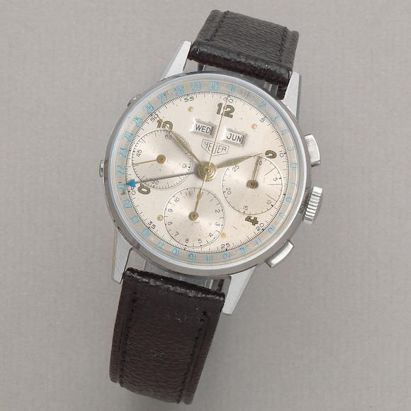 Bonhams : Heuer. A stainless steel manual wind triple calendar ...