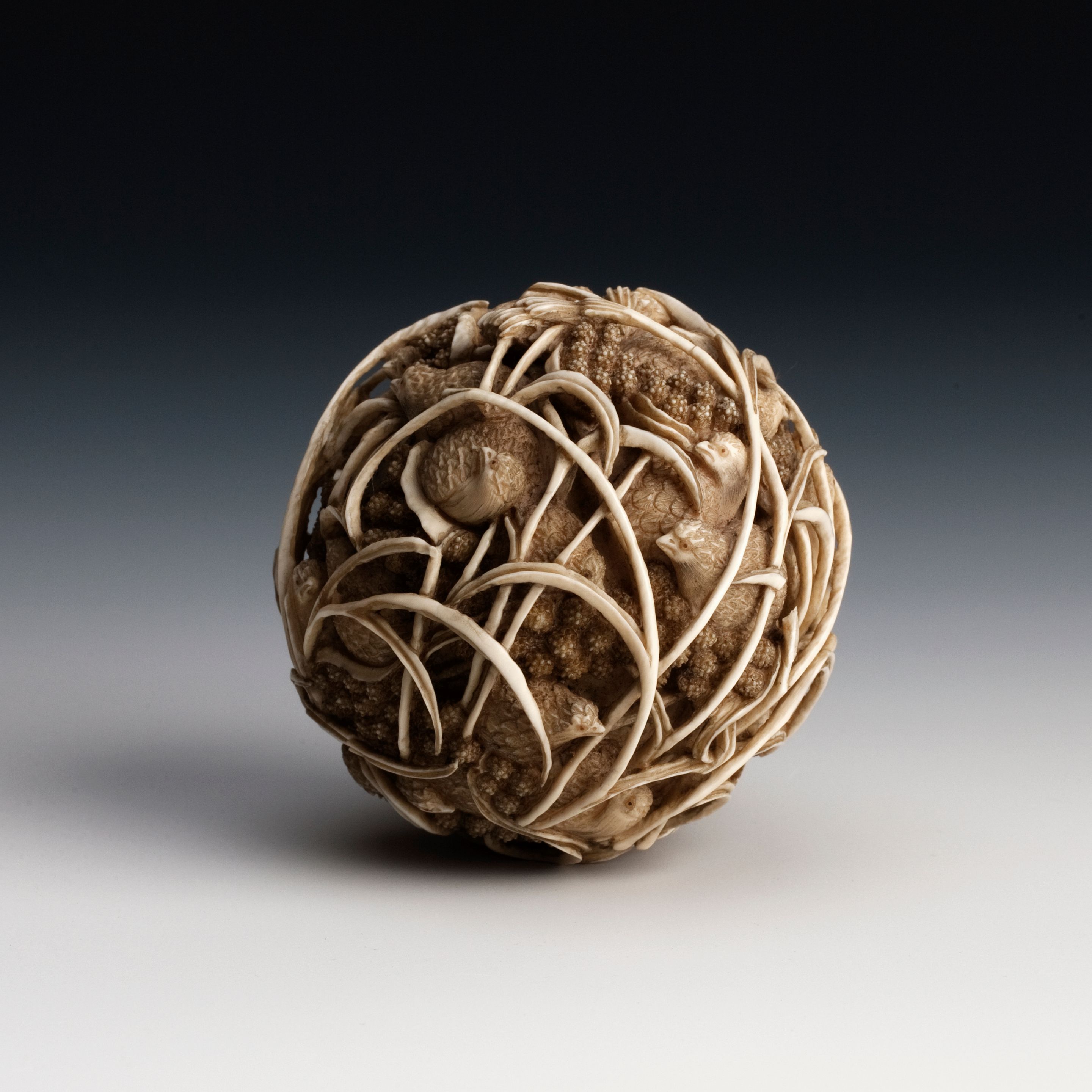 Bonhams A quail and millet carved ivory sphere Meiji