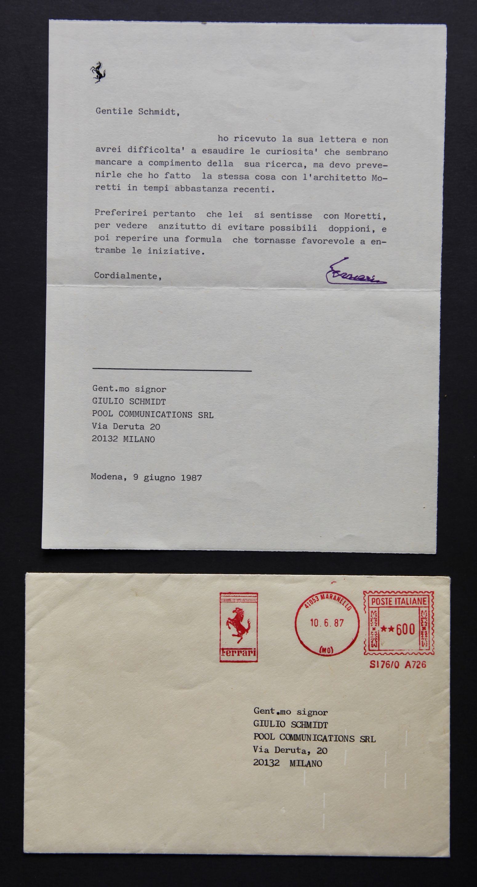 Enzo Ferrari A typed letter on Ferrari letter head paper - auctions