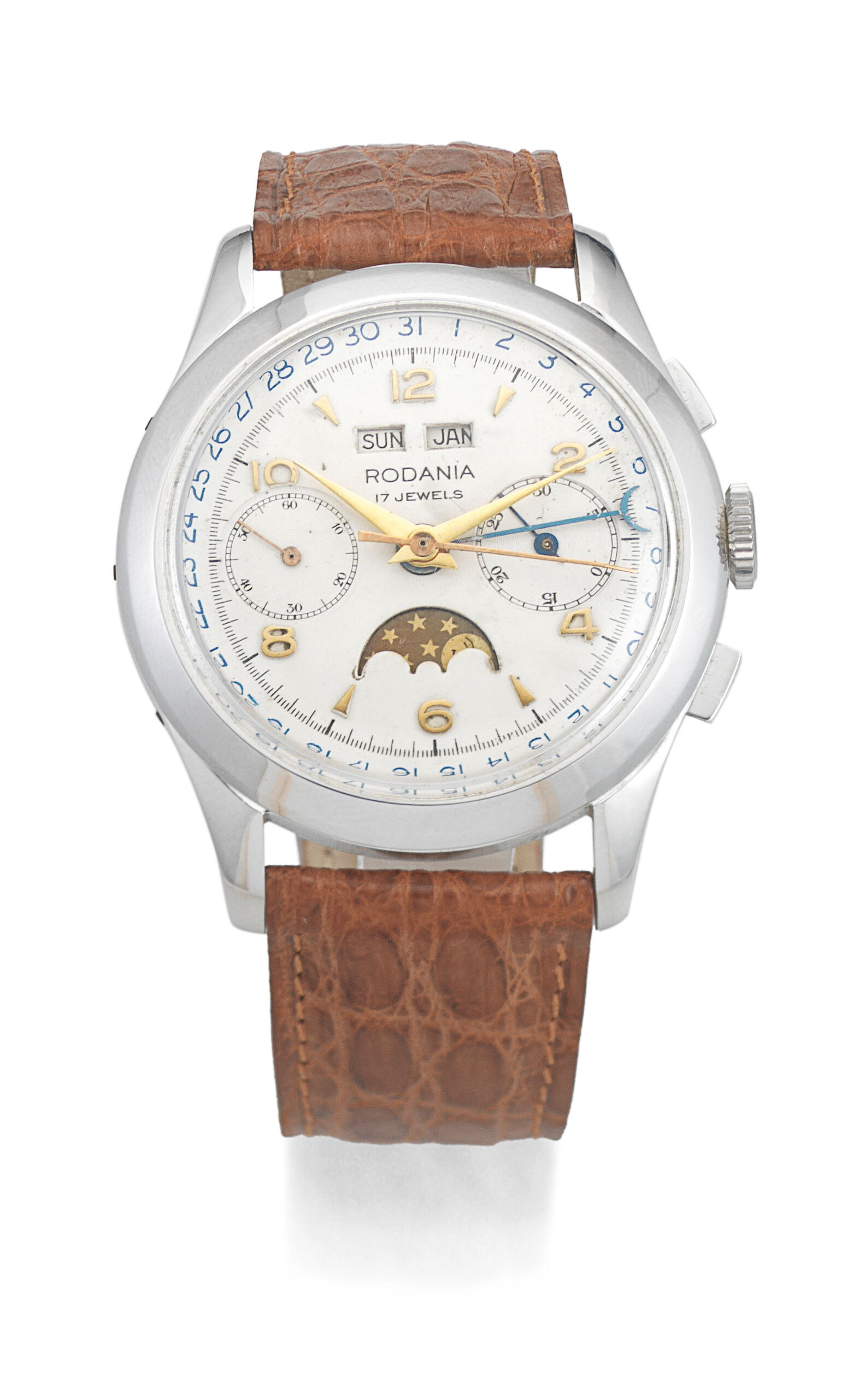 Bonhams : Rodania. A stainless steel manual wind triple calendar 
