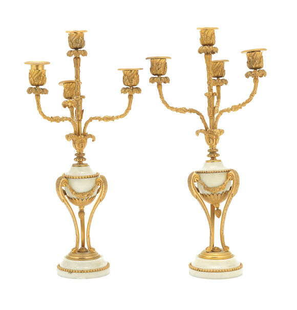 Bonhams : A pair of French gilt bronze mounted white marble four light ...