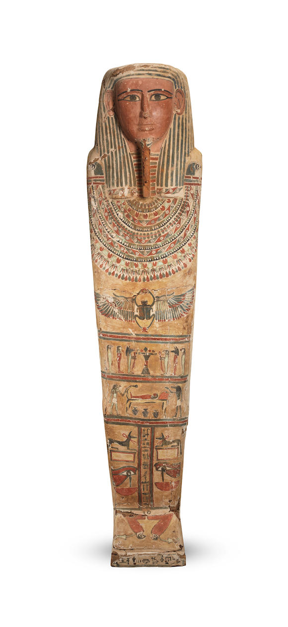 Bonhams : An Egyptian wood anthropoid coffin lid for Hotep-Hor