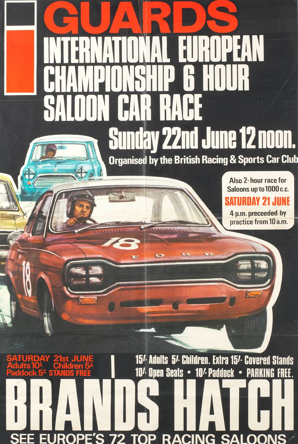 Bonhams Two Brands Hatch advertising posters designed by Mike Rogers, late 1960s, ((2))