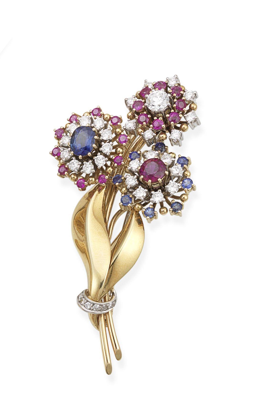Bonhams A midcentury gemset spray brooch