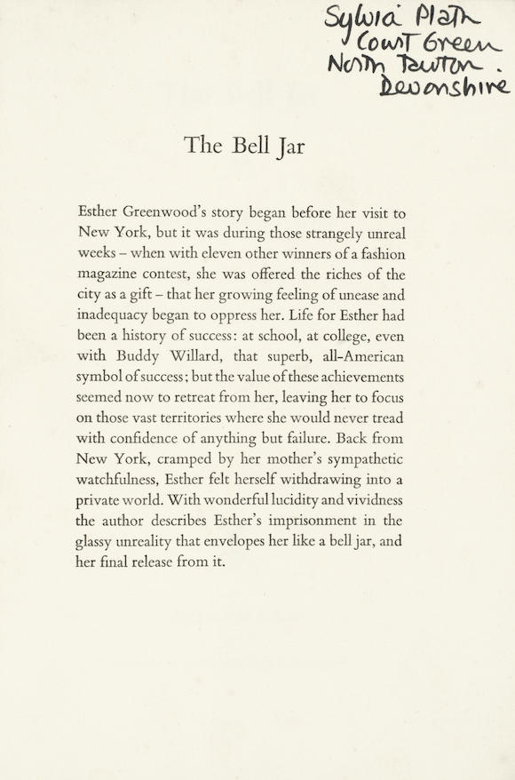Bonhams : PLATH (SYLVIA) The Bell Jar by Victoria Lucas, SYLVIA PLATH'S  UNCORRECTED PROOF COPY WITH HER OWN MANUSCRIPT CORRECTIONS, AND OWNERSHSIP  INSCRIPTION , Heinemann, 1962