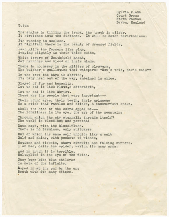 Bonhams : PLATH (SYLVIA) Typescript of the poem 'Totem', 1963