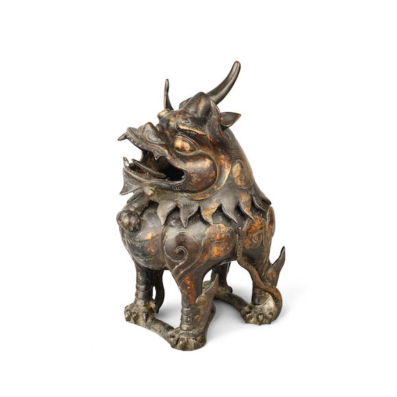 Bonhams : A parcel gilt-bronze qilin incense burner 17th century